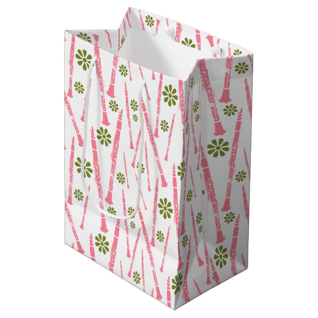Clarinet Floral Music Themed Pink & Green Medium Gift Bag (Front Angled)