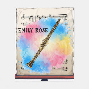 Clarinet Harmony: Colourful Watercolors. Throw Pil Fleece Blanket