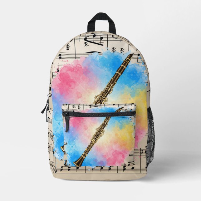 Clarinet Harmony: Colourful Watercolors. Throw Pil Printed Backpack (Front)