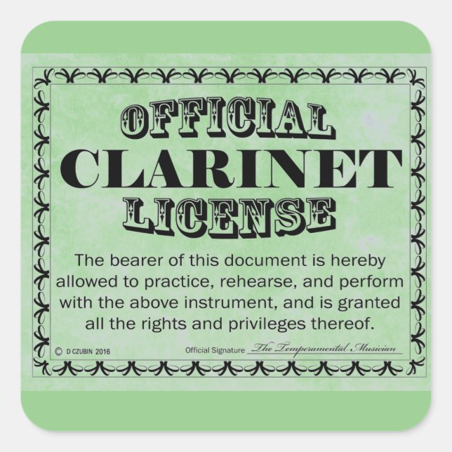 Clarinet License Square Sticker (Front)