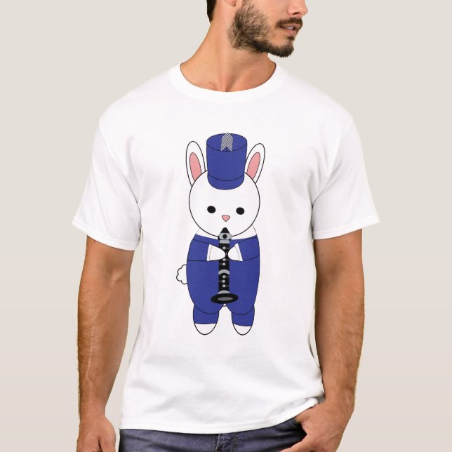 Clarinet Marching Band Bunny Rabbit Blue White T-Shirt (Front)