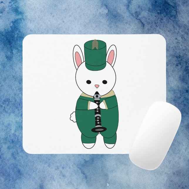 Clarinet Marching Band Rabbit Green Gold Mouse Mat (A mouse pad with a rabbit playing the clarinet wearing green and gold.)