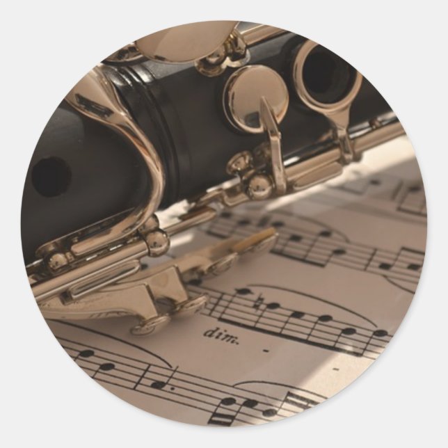 Clarinet musical instrument with notation classic round sticker (Front)