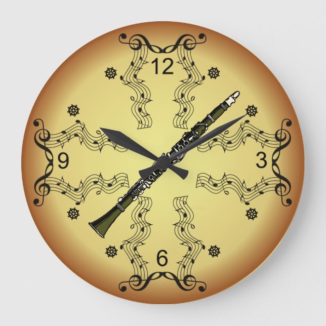 Clarinet ~ Musical Scroll ~ Golden Background ~ Large Clock (Front)
