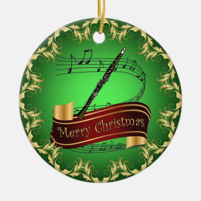 Clarinet ~ Musical Scroll ~ Merry Christmas ~  Ceramic Tree Decoration (Front)