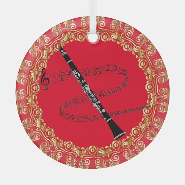 Clarinet, red and gold glass tree decoration (Front)