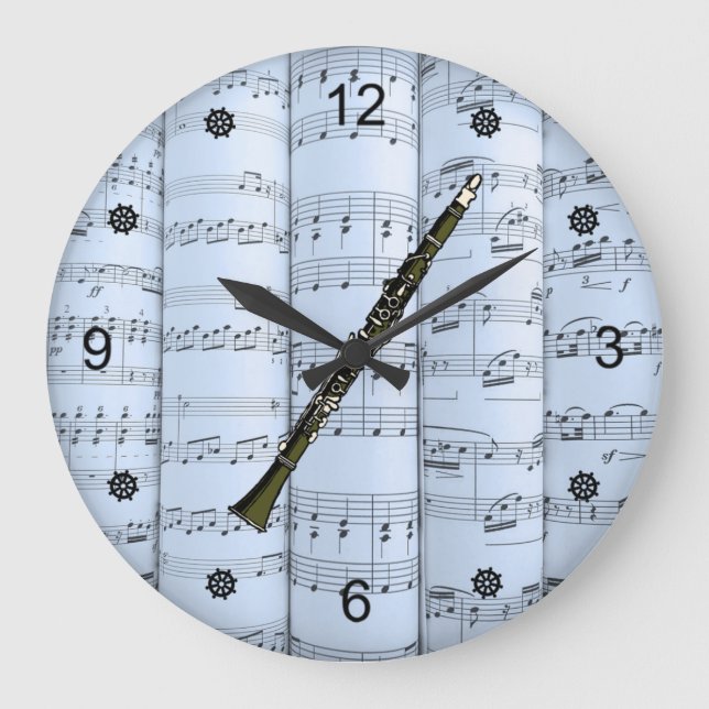 Clarinet~Rolled Sheet Music~Blue Tint Background~  Large Clock (Front)