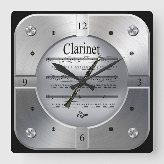 Clarinet ~ Sheet Music ~ Brushed Silver Color ~ Square Wall Clock (Front)