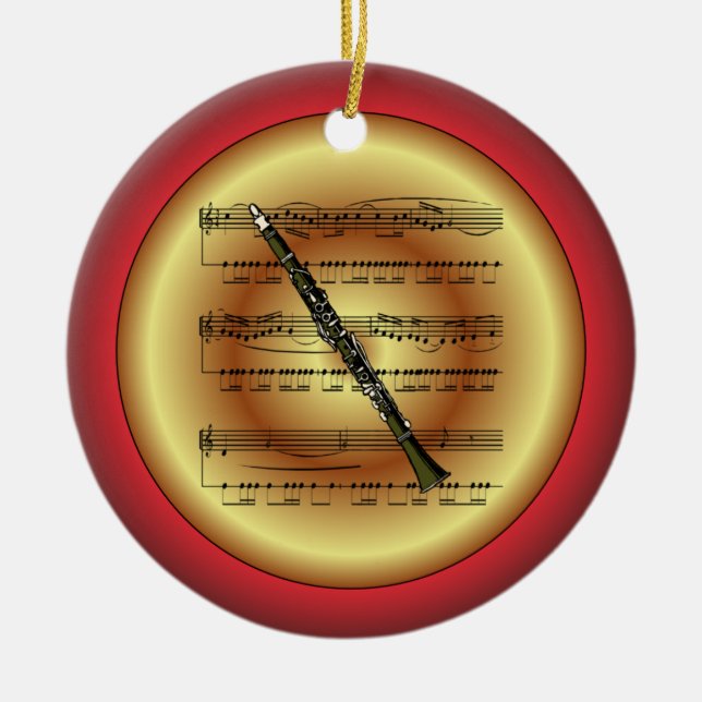 Clarinet~Sheet Music~Red/Green/Gold~Christmas~ Ceramic Tree Decoration (Front)