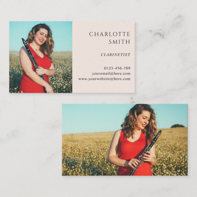 Clarinetist 2 Photo Blush Pink Modern Business Card (Front/Back)