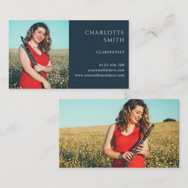 Clarinetist 2 Photo Navy Blue Modern Business Card (Front/Back)