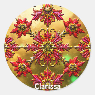 CLARISSA ~ Shiny Red Gold Black Christmas ~ Classic Round Sticker