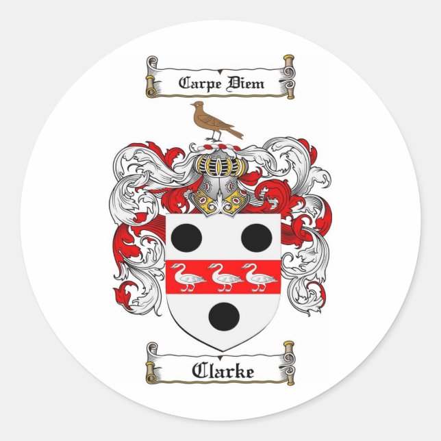 CLARKE FAMILY CREST -  CLARKE COAT OF ARMS CLASSIC ROUND STICKER (Front)