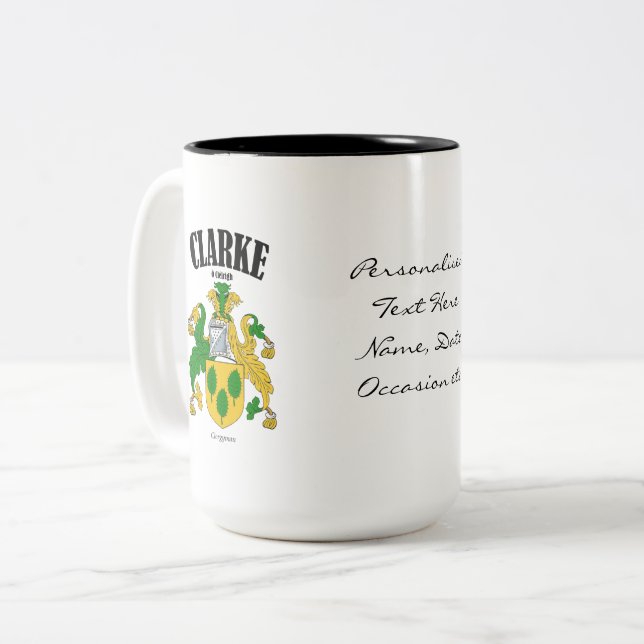Clarke Family Crest, Translation & Meaning Two-Tone Coffee Mug (Front Left)