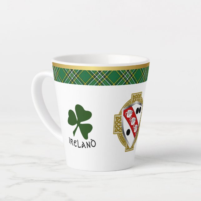 Clarke Irish Shield & Tartan Personalised Latte Mug (Left Angle)