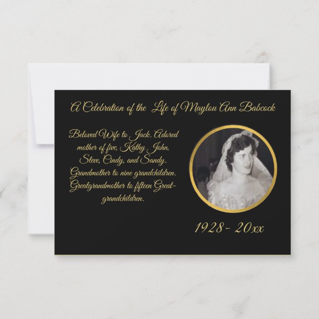 Clasic Black and Gold  Black Personalised Sympathy Thank You Card (Back)