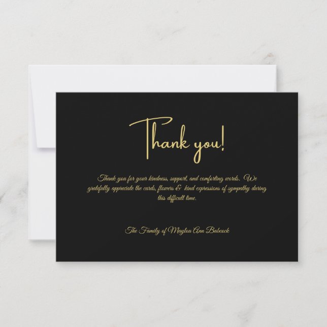 Clasic Black and Gold  Black Personalised Sympathy Thank You Card (Front)