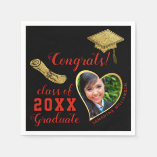 Class 2023 Grad Photo Black Red Gold Graduation Napkin