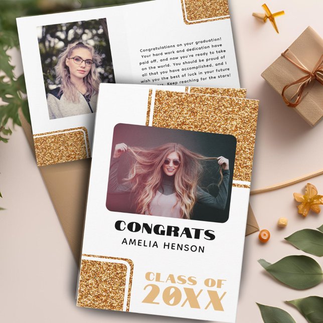 Class 2024 Congrats Graduate Gold Glitter 2 Photos Card (Creator Uploaded)