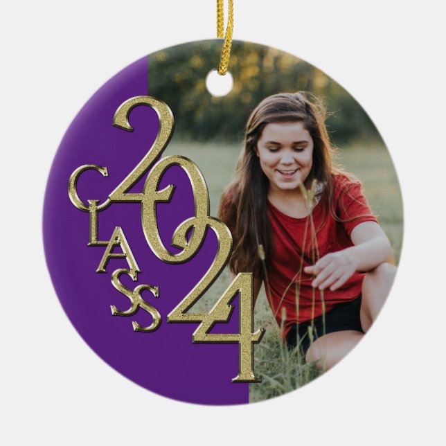 Class 2024 Graduation Photo Purple Ceramic Tree Decoration (Front)