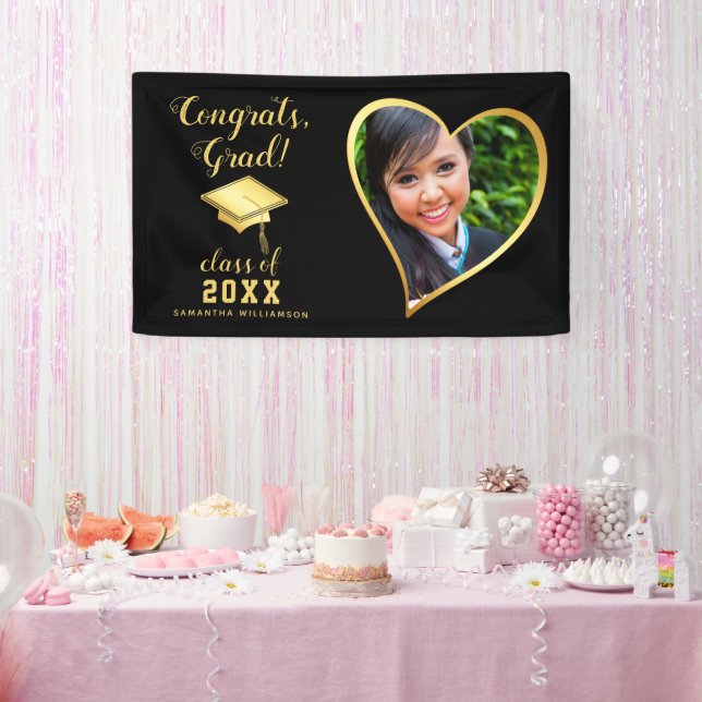 Class 2025 Grad Photo Black and Gold Graduation Banner (Party)