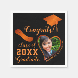 Class 2025 Grad Photo Black and Orange Graduation Napkin