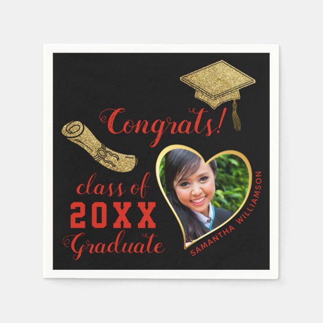 Class 2025 Grad Photo Black Red Gold Graduation Napkin (Front)