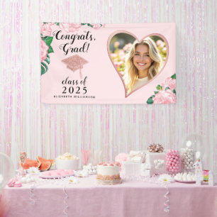 Class 2025 Grad Photo Blush Pink Floral Graduation Banner