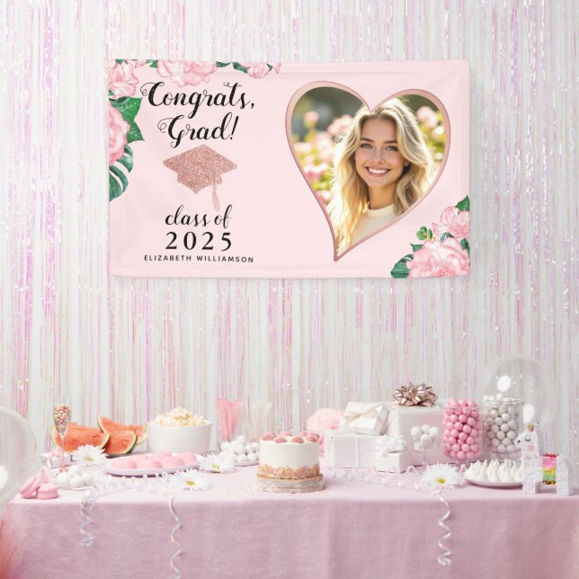 Class 2025 Grad Photo Blush Pink Floral Graduation Banner (Party)