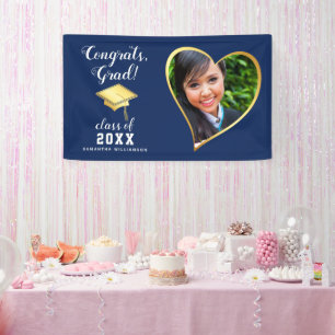 Class 2025 Grad Photo Navy Blue White Graduation Banner