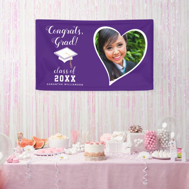 Class 2025 Grad Photo Purple White Graduation Banner (Party)