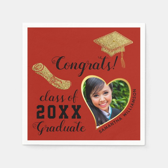 Class 2025 Grad Photo Red Black Gold Graduation Napkin (Front)