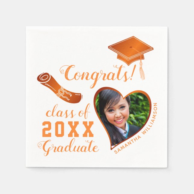 Class 2025 Grad Photo White and Orange Graduation Napkin (Front)