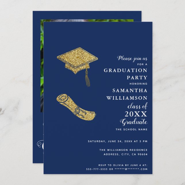 Class 2025 Navy Blue White Gold Photo Graduation Invitation (Front/Back)