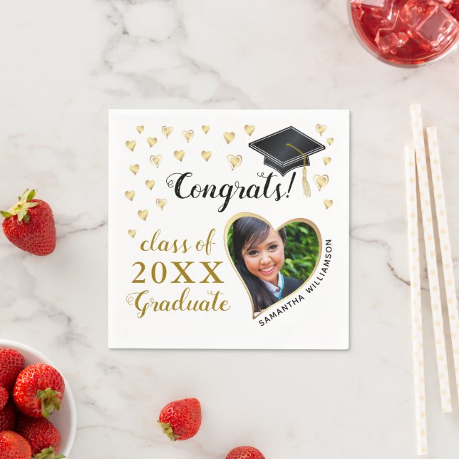 Class 2025 Photo White Black Gold Graduation Napkin (Insitu)