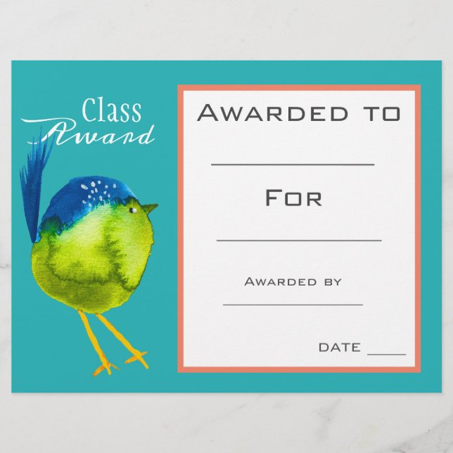 Class award cute bird children certificate (Front)
