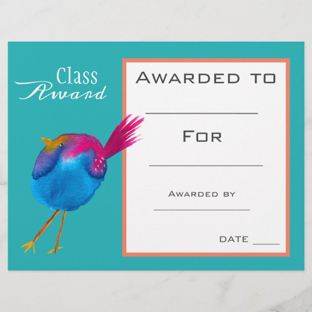 Class award cute blue bird children certificate (Front)