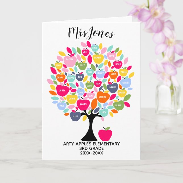 class names teacher thank you apple word art card (Orchid)
