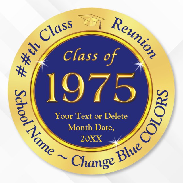 Class of 1975, Customisable Class Reunion Stickers (Class of 1975 Reunion Stickers for 50th class reunion favor stickers for goodie bags. Blue and Gold.)
