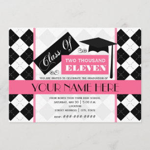 Class of 2011 Black Argyle & Pink Graduation Invitation