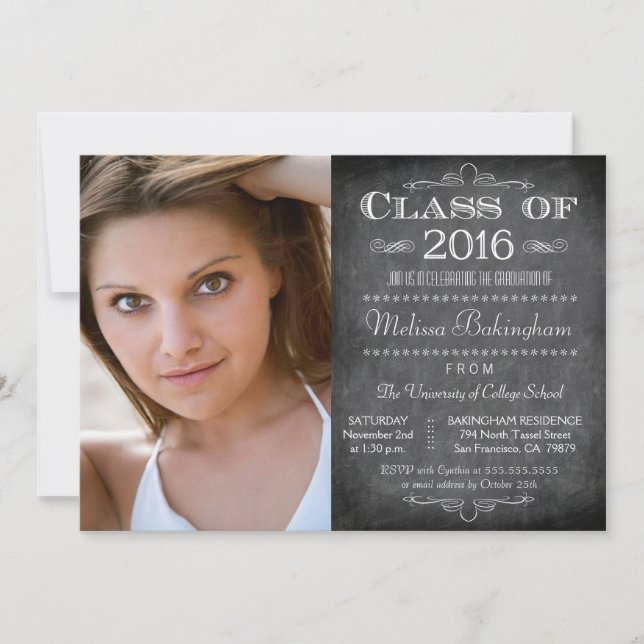 Class of 2016 chalkboard photo graduation party invitation (Front)