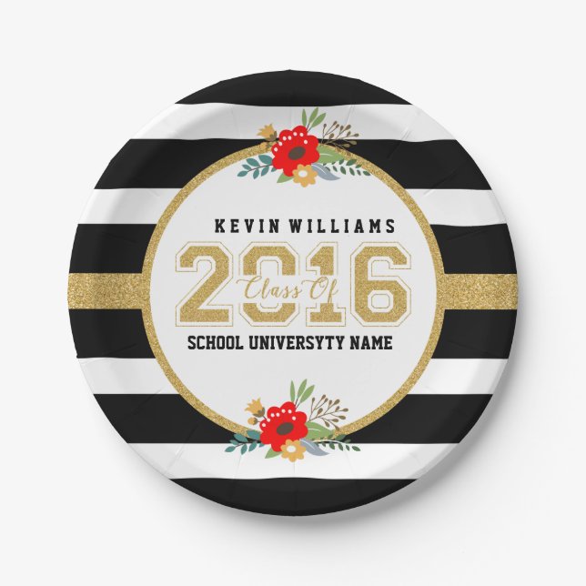 Class Of 2016 Gold Glitter Black & White Stripes Paper Plate (Front)