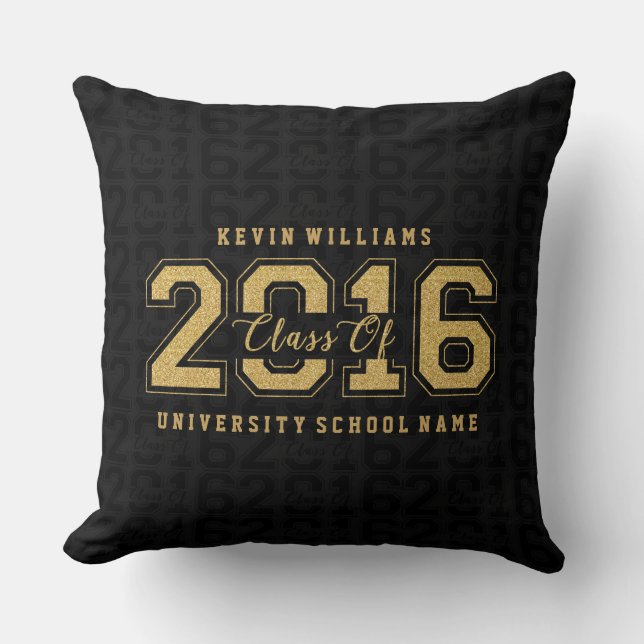 Class Of 2016 Gold Glitter On Black Pattern Cushion (Front)