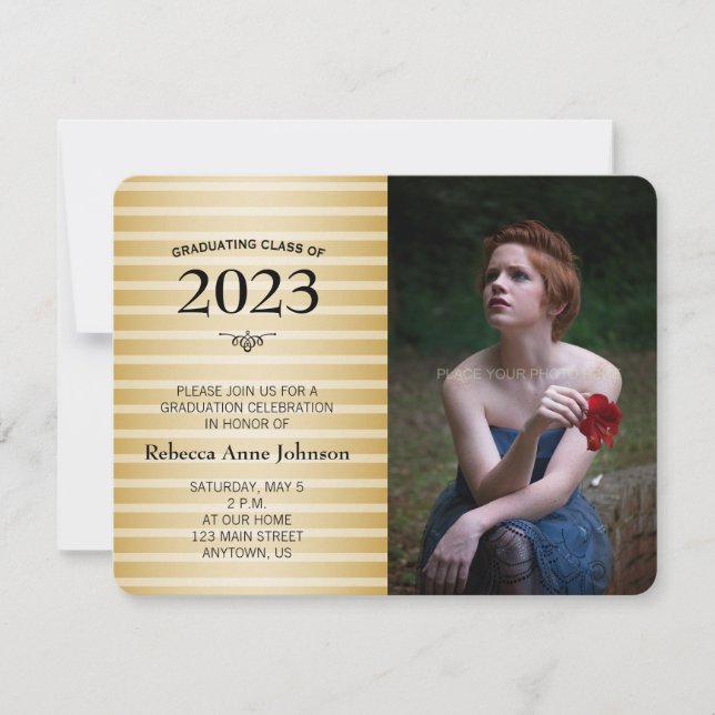Class of 2016, Gold Stripes Photo Graduation Invitation (Front)