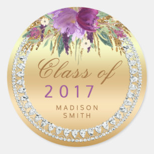 Class of 2017 Flowers Diamonds Gold Graduation Classic Round Sticker