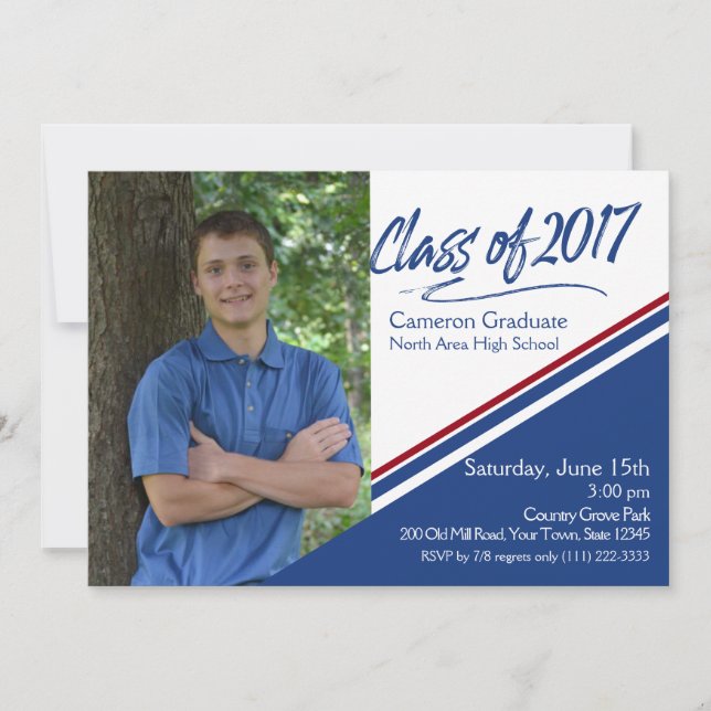 Class of 2017 Hand Script Blue and Red Photo Invitation (Front)