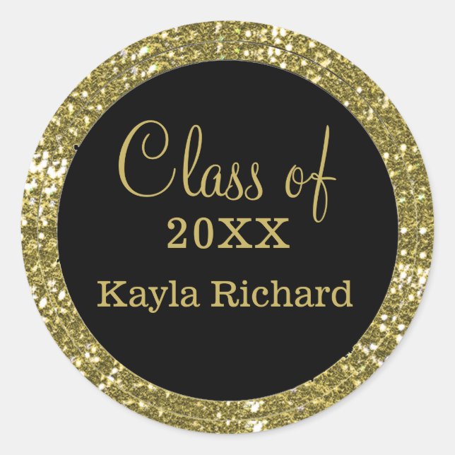 Class of 2018 | Black And Gold Glitter Graduation Classic Round Sticker (Front)