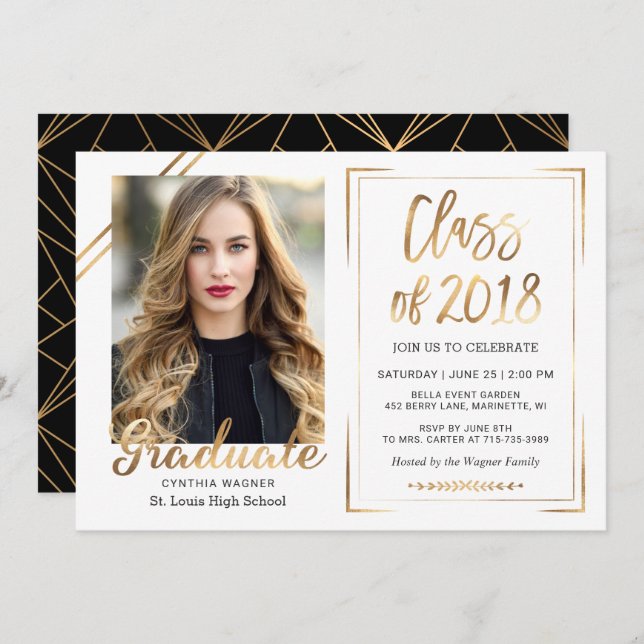 Class of 2018 Black White Gold Photo Graduation Invitation (Front/Back)
