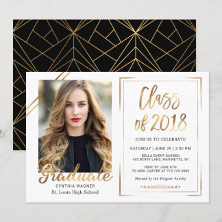 Class of 2018 Black White Gold Photo Graduation Invitation