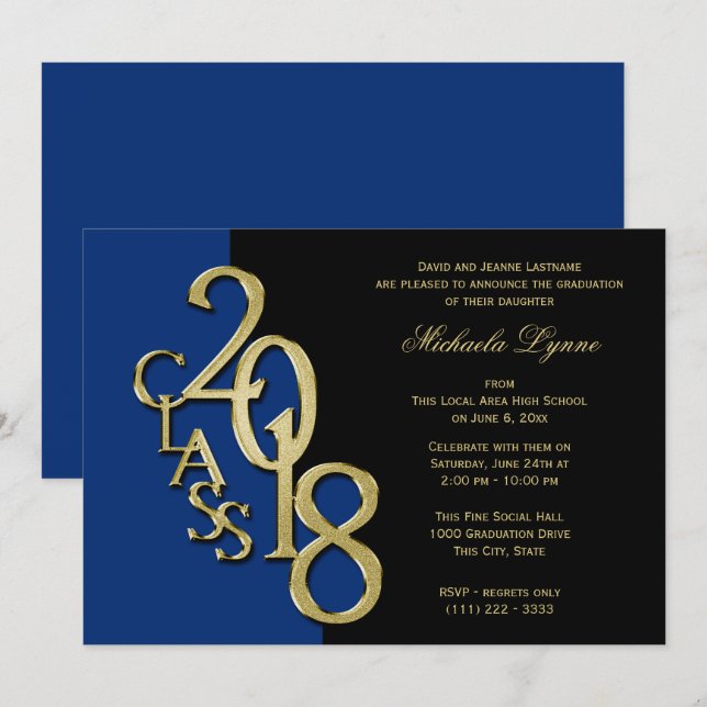 Class of 2018 Grad Midnight Blue and Gold Invitation (Front/Back)
